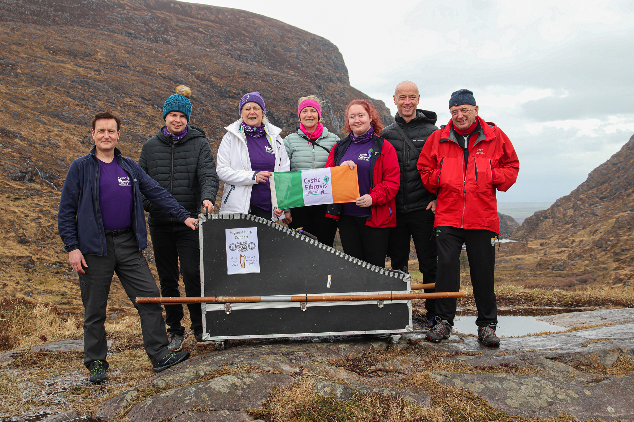 The Highest Harp Concert team during a training event on Ireland's highest peak, Carrauntoohil, in preparation for the Guinness World Record attempt on the 5,895m summit of Mount Kilimanjaro, Tanzania. Pictured are Sean Brady, Project Leader; Evan Murphy Cannon; Caroline Heffernan; Elaine Wall; Siobhan Brady, Harpist and Guinness World Record Holder; Stephen Lappin and Mountaineer and Expedition Leader, Pat Falvey.
