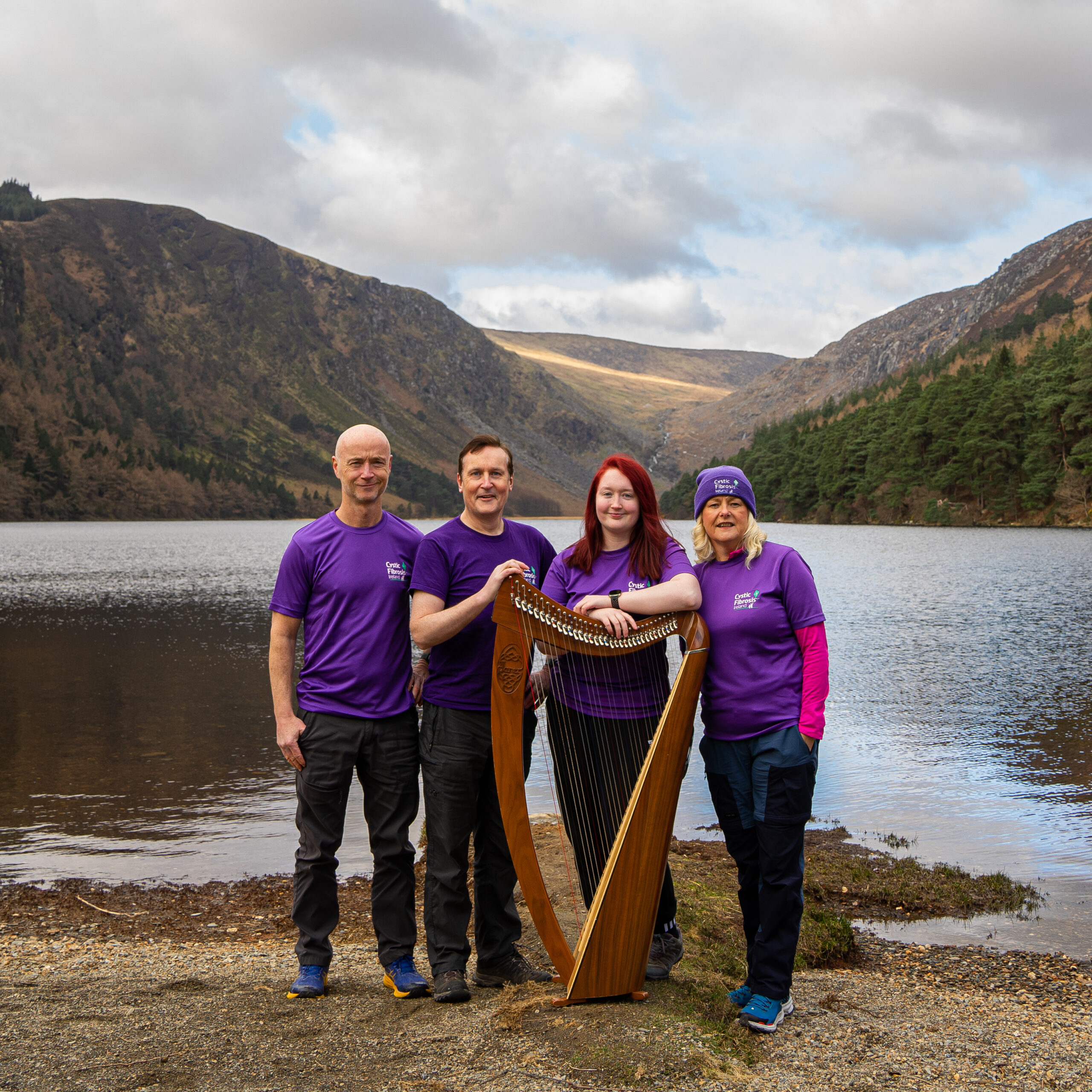 The Highest Harp Concert team during a training event in the Wicklow Mountains National Park in preparation for the Guinness World Record attempt on the 5,895m summit of Mount Kilimanjaro, Tanzania. The challenge is raising vital funds for Cystic Fibrosis Ireland. Pictured are Stephen Lappin; Sean Brady, Project Leader; Siobhan Brady (24), Harpist and Guinness World Record Holder and Caroline Heffernan (52) who has Cystic Fibrosis and will be joining the team in their quest to reach the summit.